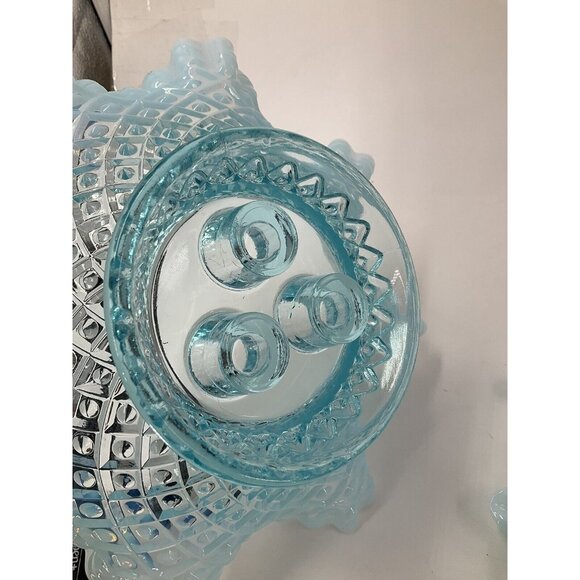 FENTON Glass 10" Flower EPERGNE Sea Blue Opalescent Hobnail Diamond Lace, MINT!! - Picture 13 of 16